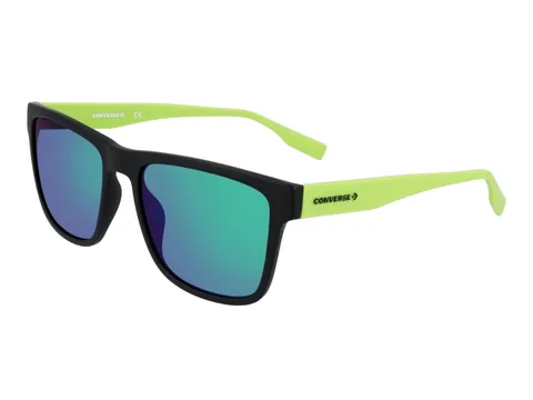 Gafas de sol Converse cuadradas negras con lentes espejados verdes y varillas lima
